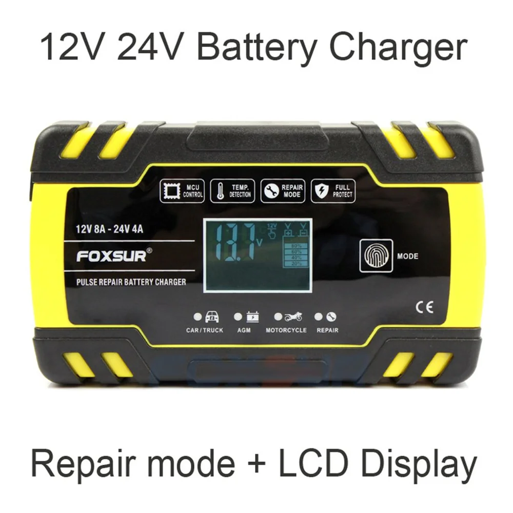FOXSUR 12 V/24 V мотоциклов и автомобилей автоматический UPS интеллигентая(ый) ЖК-дисплей EFB AGM гель ремонт импульса Батарея Зарядное устройство