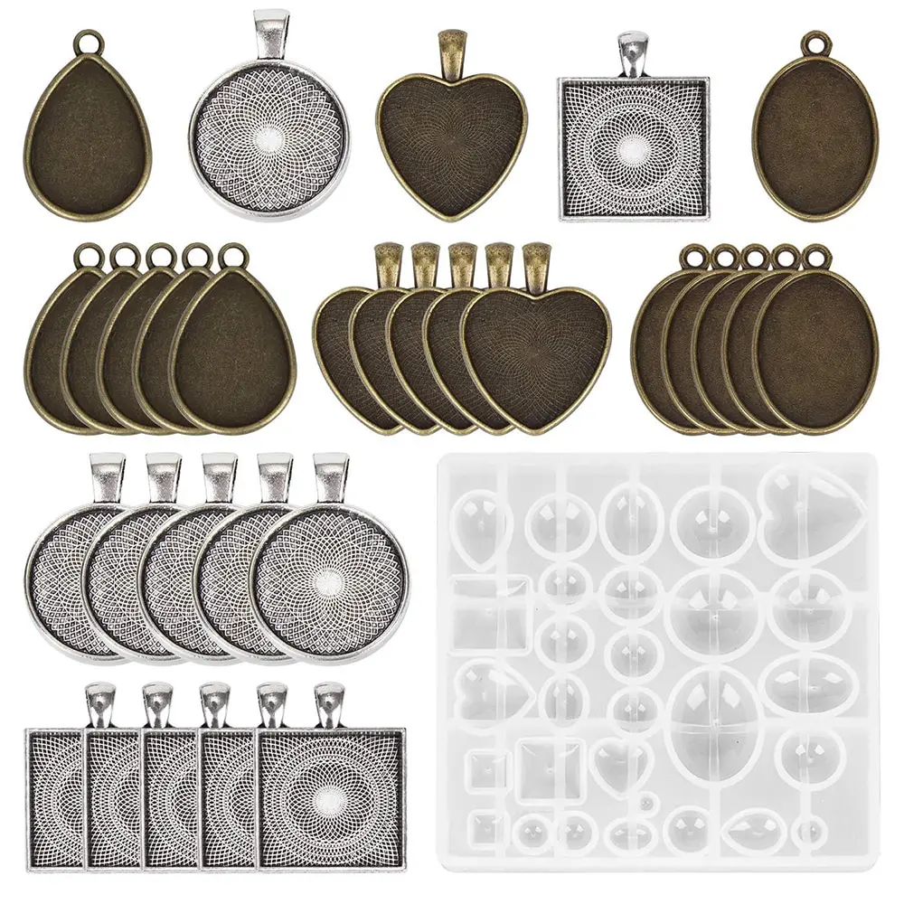 

30pcs Pendant Trays Round Square Heart Teardrop Oval With Silicon Mold For Crafting DIY Jewelry Findings Making Accessories