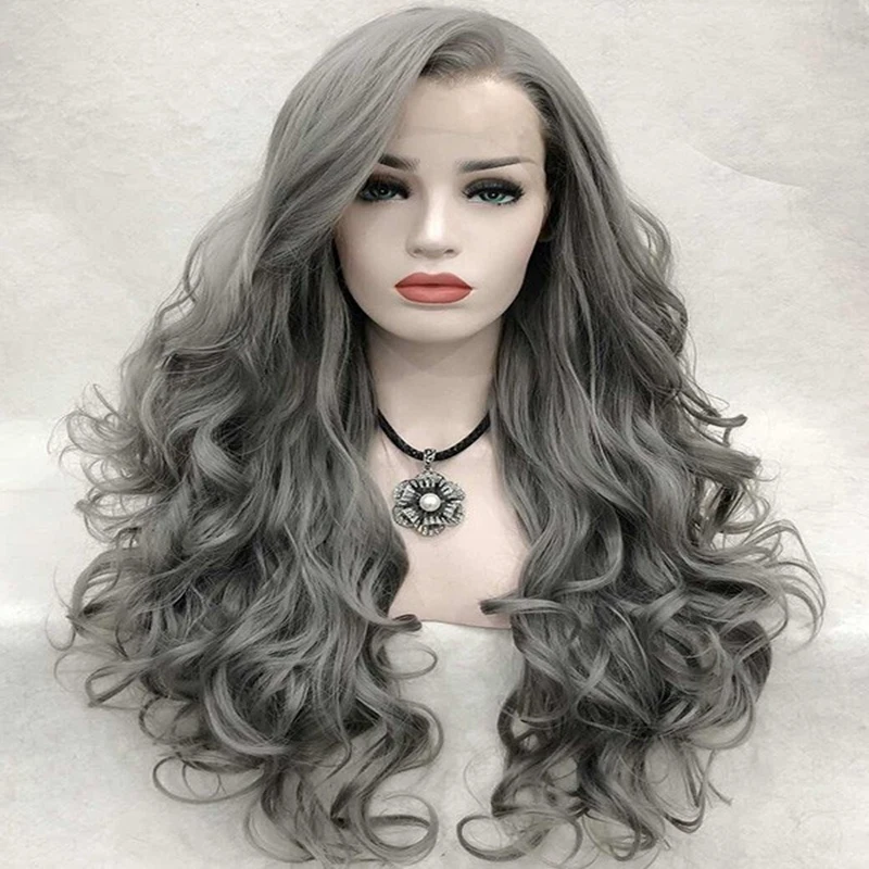 

26 Inches Grey Long Synthetics Lace Wig Wave Curly Human Hair Wigs Pre Plucked Full Brazilian Women Lace Front Wig Hair Styling