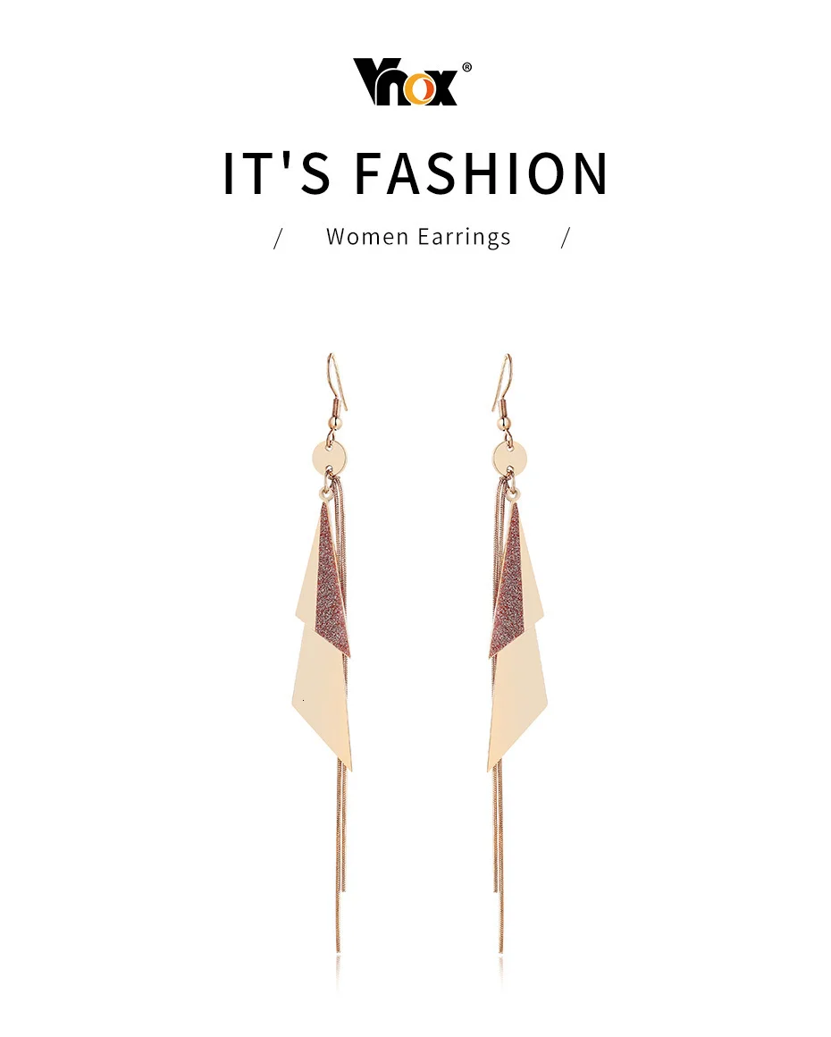 Vnox, трендовые длинные серьги в скрытом стиле для женщин, розовое золото, тон из нержавеющей стали, геометрический треугольник, висячие серьги с кисточками