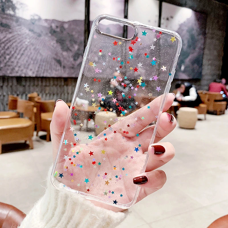 

Colorful Star Bling Glitter Clear Phone Case For iphone XR Case XS Max X 6 6S 7 8Plus Soft TPU Shining Sequins Transparent Cover