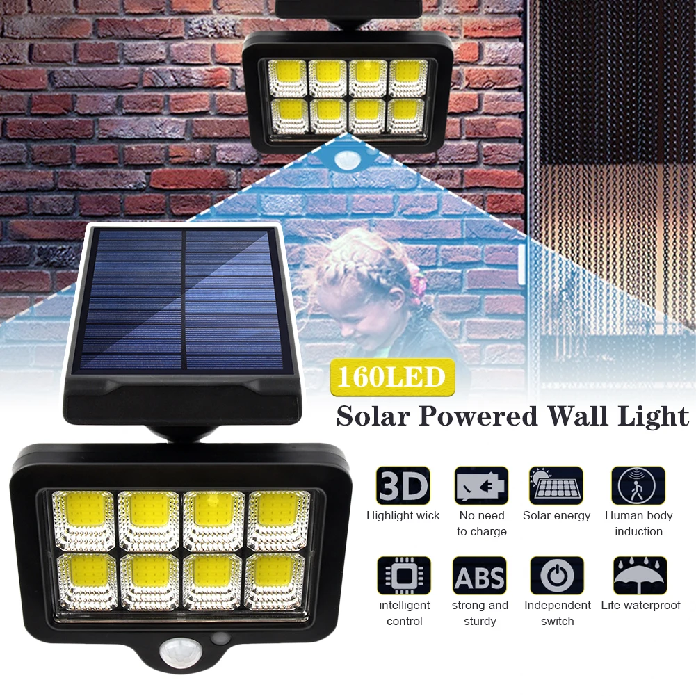 Solar da Parede ao ar Sensor de Movimento à Prova Luz com 160cob para Jardim Livre Dwaterproof Água Jardim Varanda Gramado Dentro Luz 2 sensor de movimento à prova dwaterproof água
