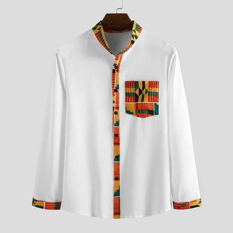 INCERUN Мужская рубашка с принтом в стиле пэчворк, с длинным рукавом, на пуговицах, стоячий воротник, повседневные топы, этнические Дашики, мужские рубашки, африканская одежда, S-3XL