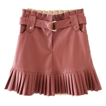 ZOEPO, однотонные юбки из искусственной кожи, женская модная повседневная юбка с поясом на талии, женские элегантные плиссированные мини-юбки для женщин