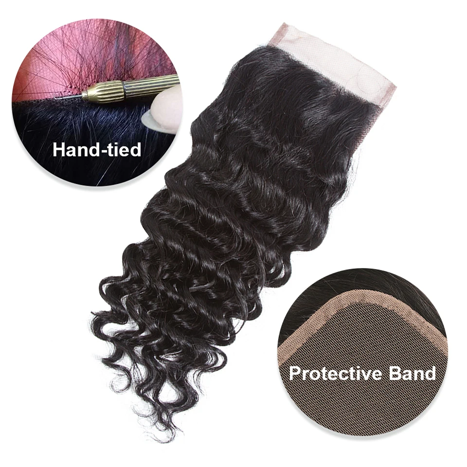 HairUGo Deep Wave 4x4 Closure Brazilian 100% Human Hair 4X4 Lace Closure With Baby Hair Natural Color Remy Hand Tied 10''-20''