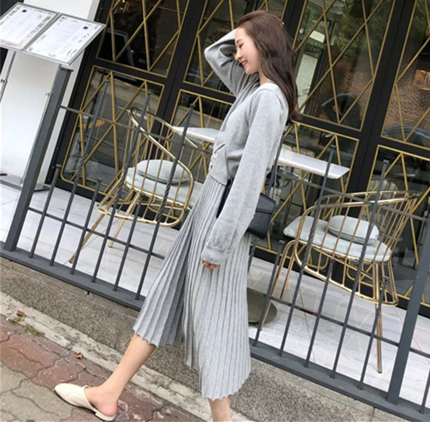 HAMALIEL New Fashion Women Pink Knitted Double-breasted Short Sweater Coat Twp Piece Set+ Halter Pleated Midi Dress Skirt Set