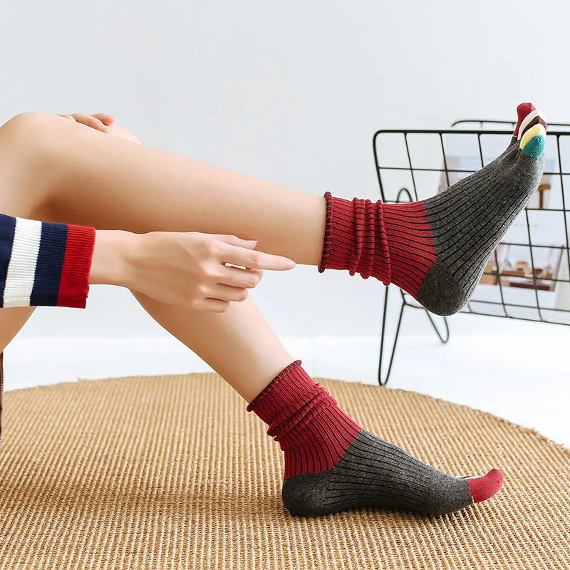 Toe Short Socks Women Girl Cotton Striped Patchwork Colorful Fashion Sweat-Absorbing Harajuku 5 Finger Happy Socks 4 Seasons