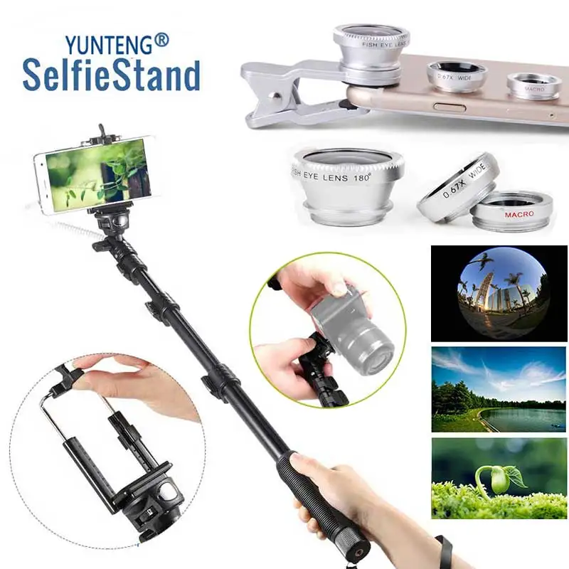 YUNTENG Wired Selfie Stick Monopod with Clip 3in1 Lens For Smartphones Gopro