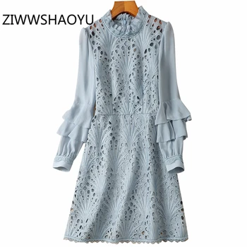 

ZIWWSHAOYU Women Summer Solid Mini Short Hollow Out Dress Fashion Designer Female Ruffle Embroidery Streetwear Dresses Vestidos