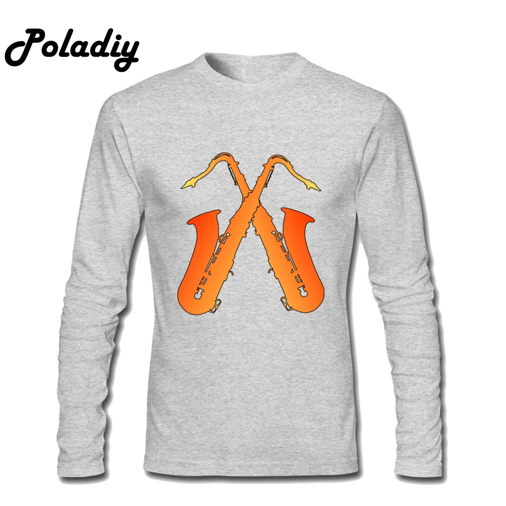  Crossed Saxophones Normal Men T Shirt Uniforms Long Sleeve Tees Shirt Youth Round Collar Shirts Blo
