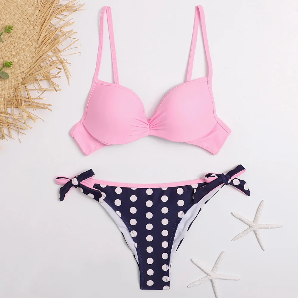 2020 Bikini Set Halter Swimwear Women Dot Solid Color Swimsuit Side Bandage Bathing Suit Beachwear Push Up Sexy Bikini