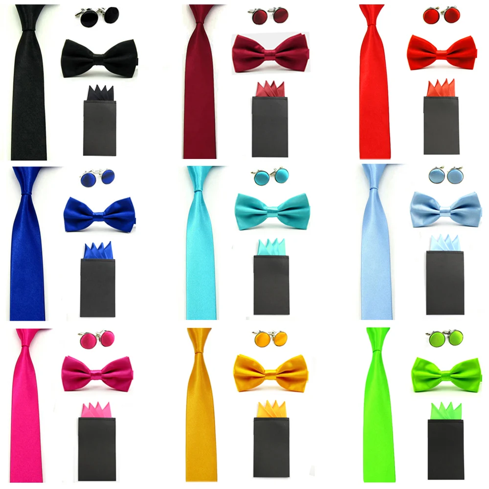 Men/'s Solid Bow Tie Skinny 5CM Necktie With Handkerchief Pocket Square Set
