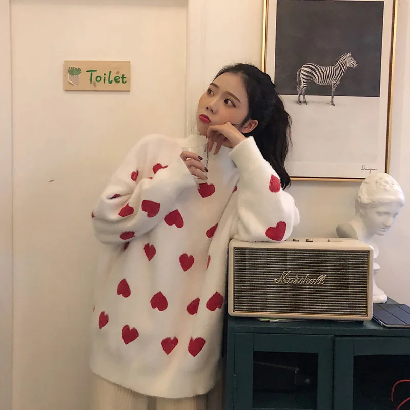 Осень, новинка, Корея, ins, Harajuku, милый, милый, длинный рукав, вязаный свитер, женский, модный, свободный, с капюшоном, любовь, Повседневный, женский, вязаный свитер