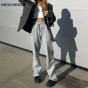 

Autumn sweatpants women baggy pants elastic high waist sweatpants white wide leg pants joggers women drawstring trousers grey
