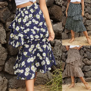 

Summer Skirt Women 2020 New Floral Print High Waist Mid-Calf Chiffon Ruffles Skirts Female YLYB10