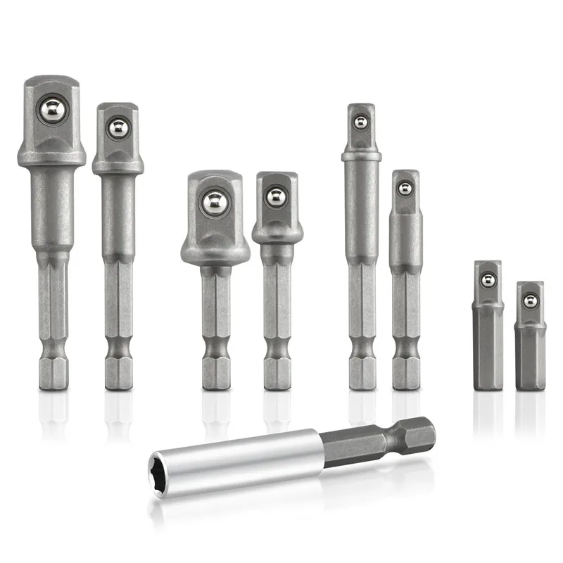 

Hex Shank to Square Drive Socket Adapter Bit Bar Set, 9 Pieces | CR-V 1/4, 3/8, 1/2-inch Drive