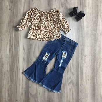 

girlymax children Girls fall winter outfit girls leopard raglan girl bell bottom jean set with bow