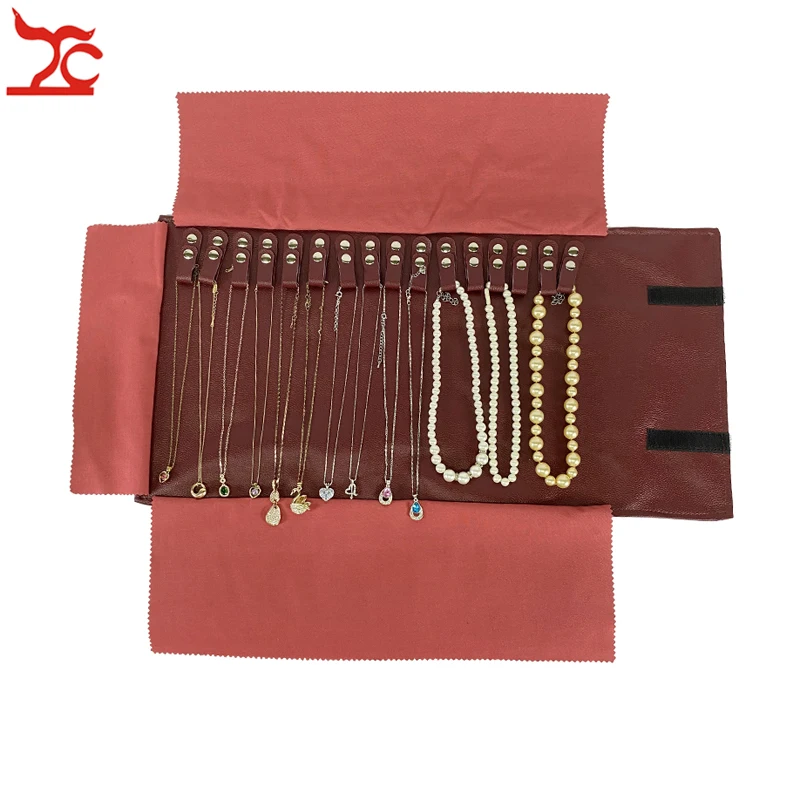 Red PU Necklace Jewelry Storage Travel Roll Bag 16Pcs Beads Chain Organizer Display Pouch Bracelet Packaging Gift Roll Bag