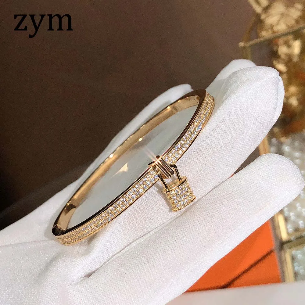 Golden zymPopular brand S925 pure silver lock Bracelet high quality 5A zircon European and American bracelet fashion women's Bracelet - Окраска металла: Golden