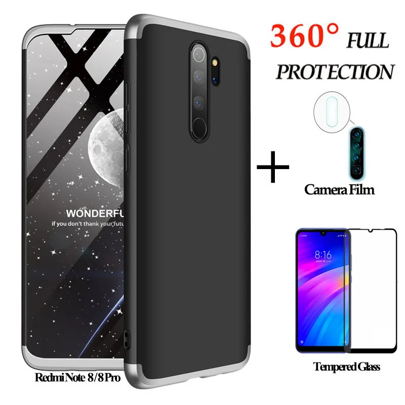 3-в-1 Стекло+ матовый защитный чехол xiaomi redmi-note-8-pro камера пленка redmi note 8 полная защита жесткий чехол телефона с рисунком в виде крышка note8 pro чехол редми ноут 8 про чехол редми ноут 8 - Цвет: silver case glass