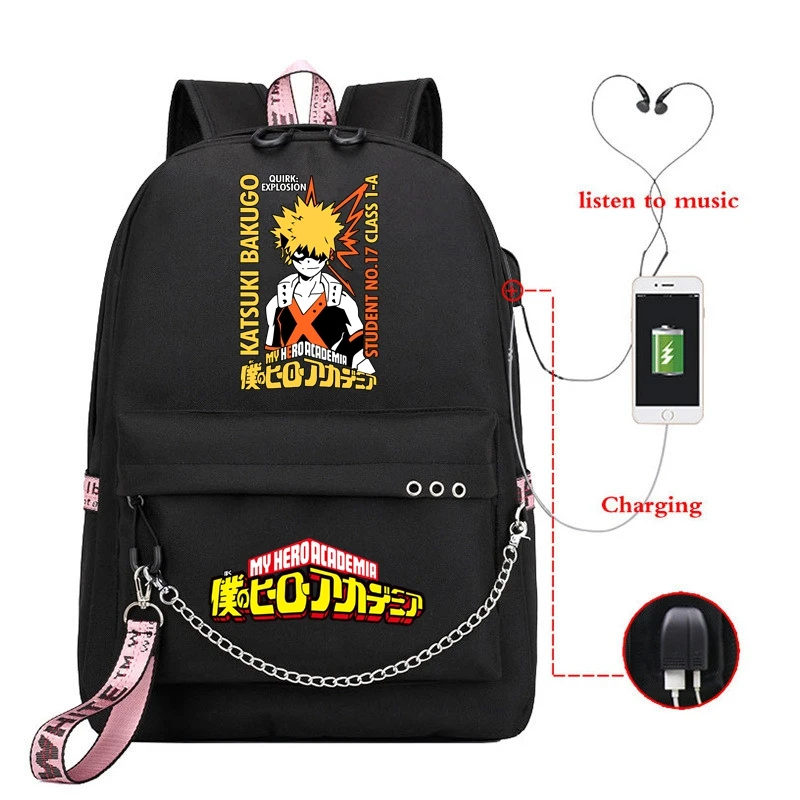 Anime My Hero Academia School Backpack USB Charge Interface Laptop Shoulder Bags 