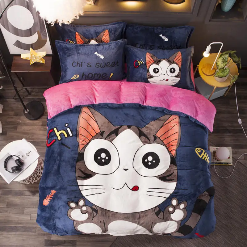 Fine flannel Bedding Set big face cat Bed luxury Blue Thicken Duvet Cover Sheet Pillowcases Twin Queen size bed | Дом и сад