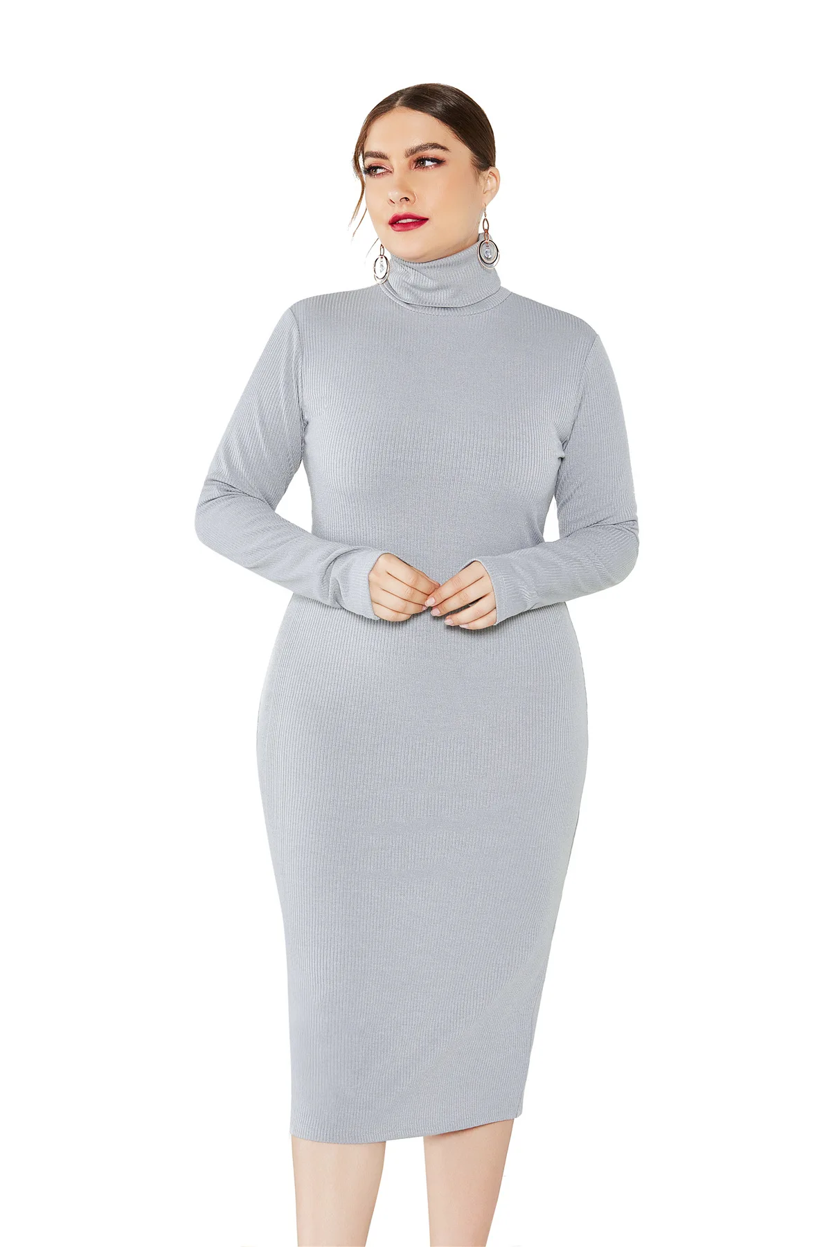 gray Зимнее платье размера плюс 4xl 5xl XXXXL XXXXXL вязаное платье с длинным рукавом стрейч водолазка вязаный свитер платья для женщин осень - Цвет: gray