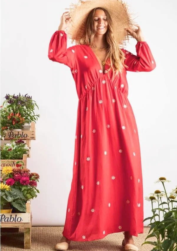 

AYUALIN Sexy Deep V neck Backless maxi Dresses Women Vintage Red Floral Embriodery Cotton Long Sleeve Boho Robe Autumn Dress