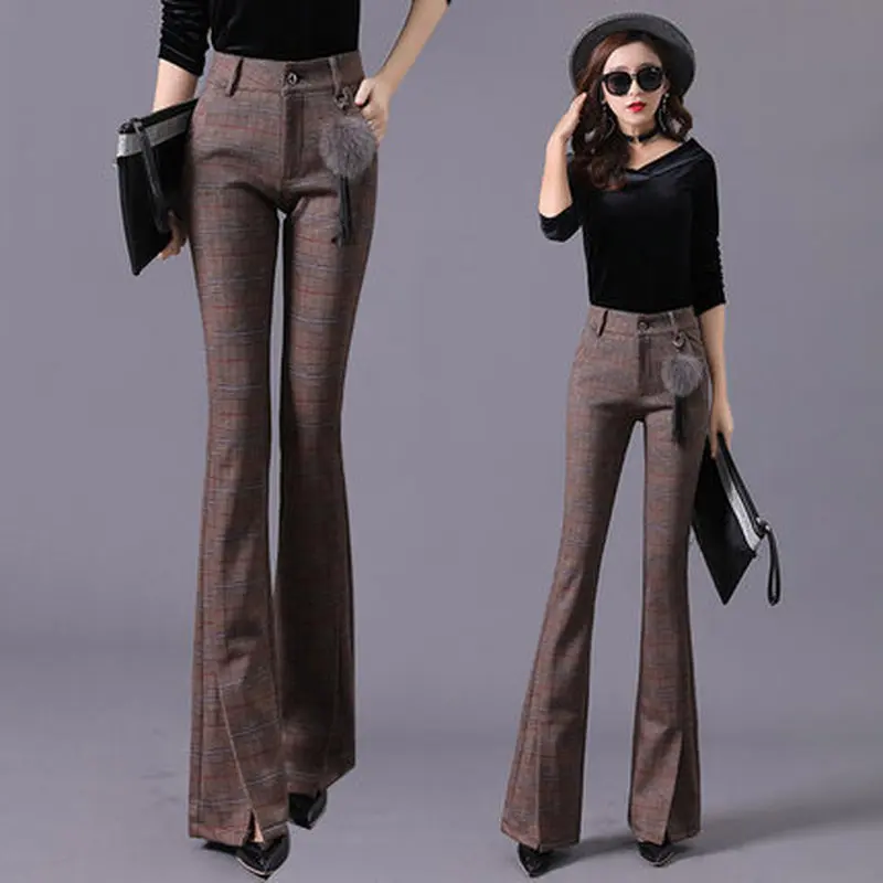 Брюки женские осенне-зимние 2019 шерстяные в клетку Уайлд высокая талия | Женская