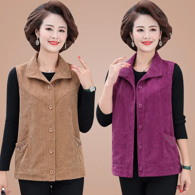 

Middle-Aged Elderly Women Vest Spring Autumn Corduroy Coat Wear 2022 New Jacket 5XLSingle-Breasted Female Waistcoat A85