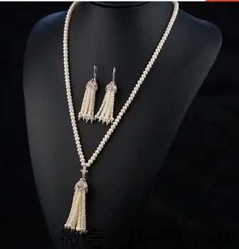 

wholesale natual AA 9-10mm white round freshwater pearl with tassel necklace and earrings