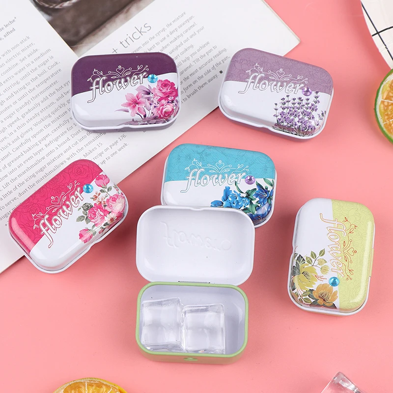 Mini Flower Tin Trinket Coin Box Stationery Box Jewelry Storage Case Tinplate Small Drill Easy to Carry Medicine Box