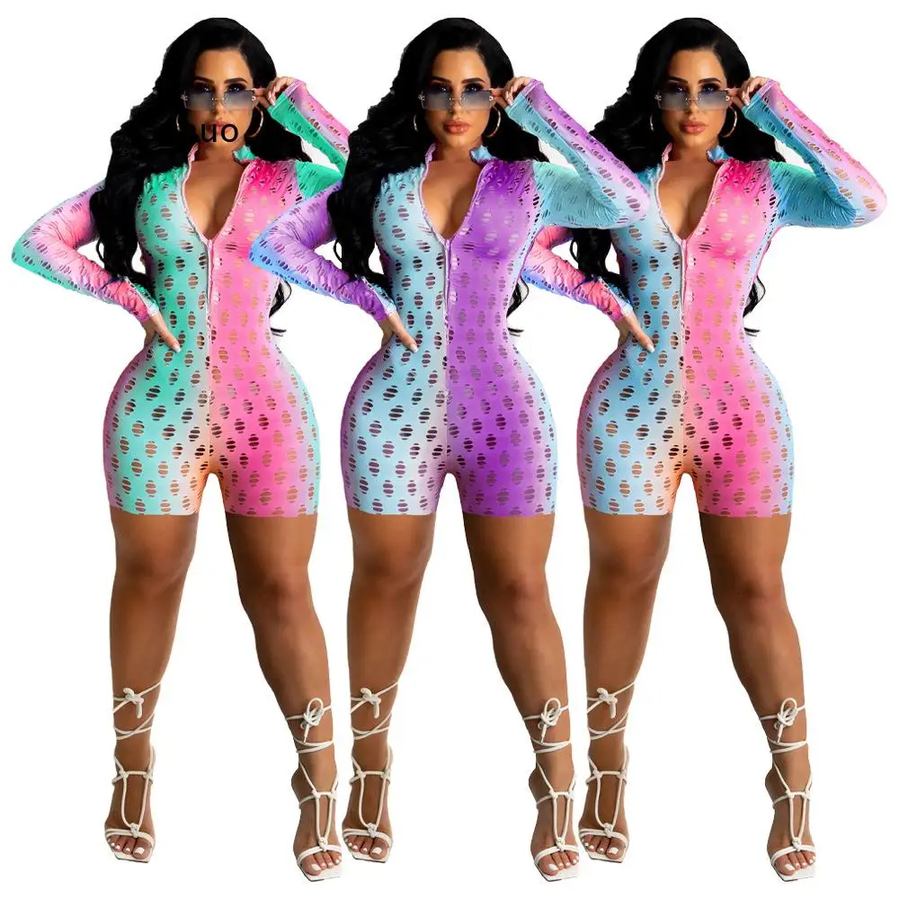 

Fashion Rainbow Colors Hollow Out Skinny Jumpsuits Womens Rompers Active Wear Party Club Overalls Night Out Playsuits