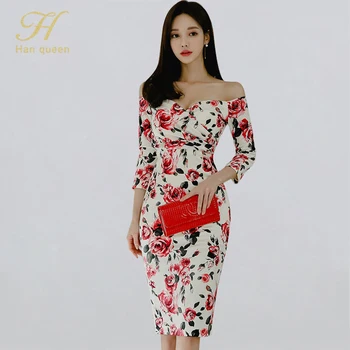 

H Han Queen OL Slash Neck Floral Print Sexy Bodycon Dress Women Sheath Pencil Dresses Evening Party Spring Vestidos