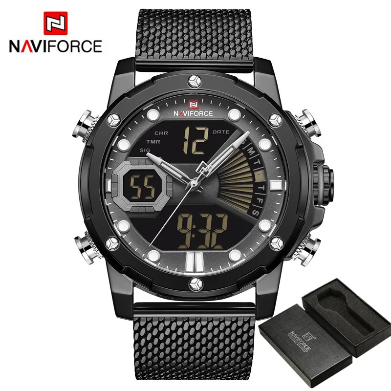 NA917205 with box NAVIFORCE мужские часы, кварцевые цифровые мужские часы, военные спортивные сетчатые часы из нержавеющей стали, лучший бренд, роскошные черные мужские наручные часы 9172 - Цвет: NA917205 with box
