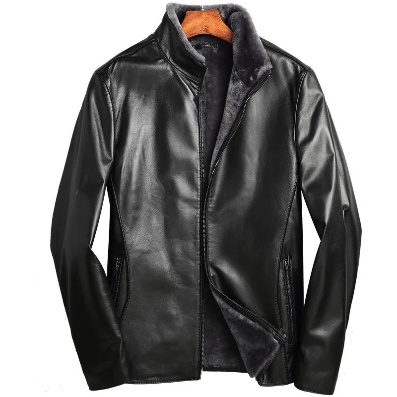 

Mens Winter Leather Jacket Sheepskin Coat Genuine Leather Jackets for Men 100% Wool Lining Short Motorcycle Coats