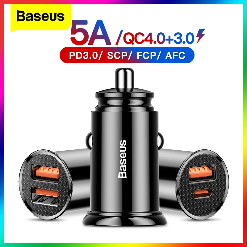 מטען רכב תומך טעינה מהירה Baseus יציאות USB + Type-c
