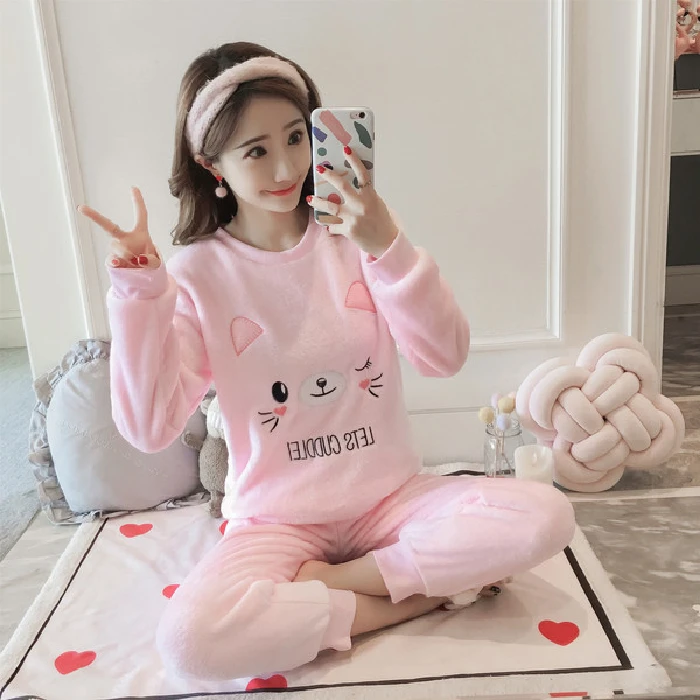 keaimaofen Sleepwear women winter Pajama Sets for Female Soft Thick Cute Cartoon Flannel Sleepwear Tops+Warm Pants Home Clothes Mujer 2pcs - Цвет: keaimaofen