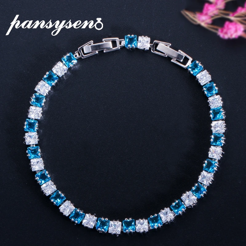 

PANSYSEN Luxury 18CM Sea Blue Topaz Aquamarine 925 Sterling Silver Charm Bracelets for Women Party Fine Jewelry Bangle Bracelet