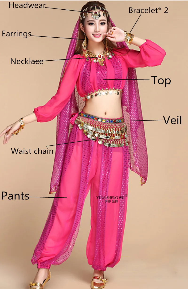 8pcs Rose-Pants Женский костюм для танца Болливуда, индийские женские комплекты для танца живота, индийское платье для танца живота, костюмы для взрослых, новинка - Цвет: 8pcs Rose-Pants