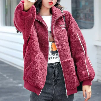 

Women Casual Loose Letter Print Pockets Coat Blouse Tops Casual Plus Size Lamb Winter Faux Fur Coat Female Overcoat Y10.30