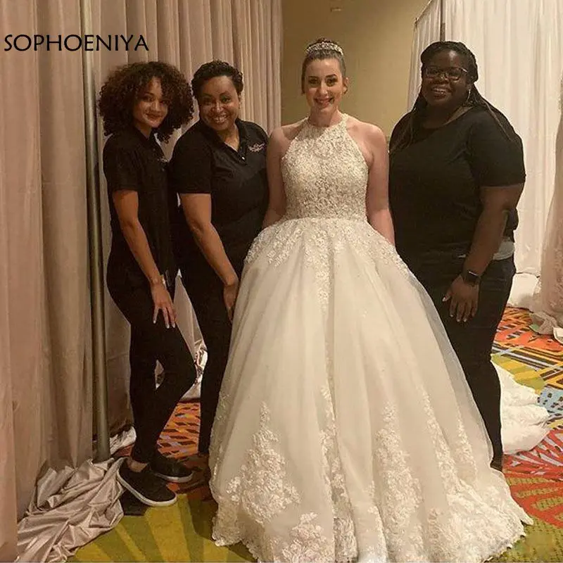 

Robe de mariee Custom Made Appliques and Long Train Backless Wedding Dresses O Neck Tulle Wedding Gown Vestido de novia