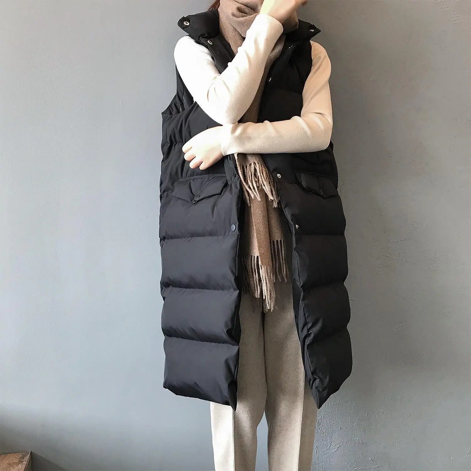 Winter Thicken Warm Cotton Down Vest Women Fashion Single Button Loose Version Long Sleeveless Coat