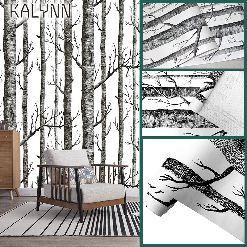 

Birch Forest Self-Adhesive 3D Wallpaper For Living Room Bedroom Wall Sticker Vinyl Contact Paper Black White Wood Mural 6m*45cm