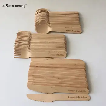 

50 Sets Birchwood Tableware Set BBQ Spoons Forks Knives Personalized Wedding Party Utensils Takeout Disposable Cutlery Set