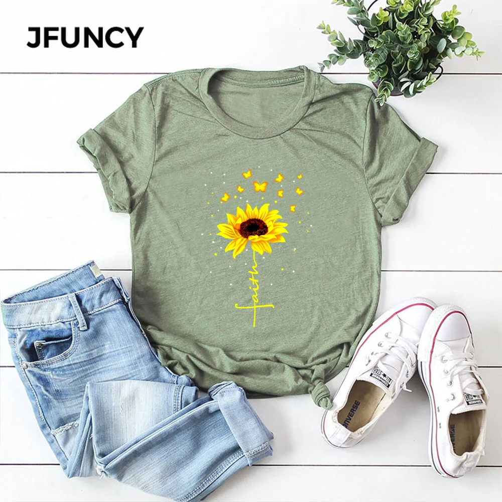 

JFUNCY Plus Size Summer Women Tshirt Creative Butterfly Sunflower Print Tee Top Cotton Short Sleeve Woman T-shirt Camiseta Mujer