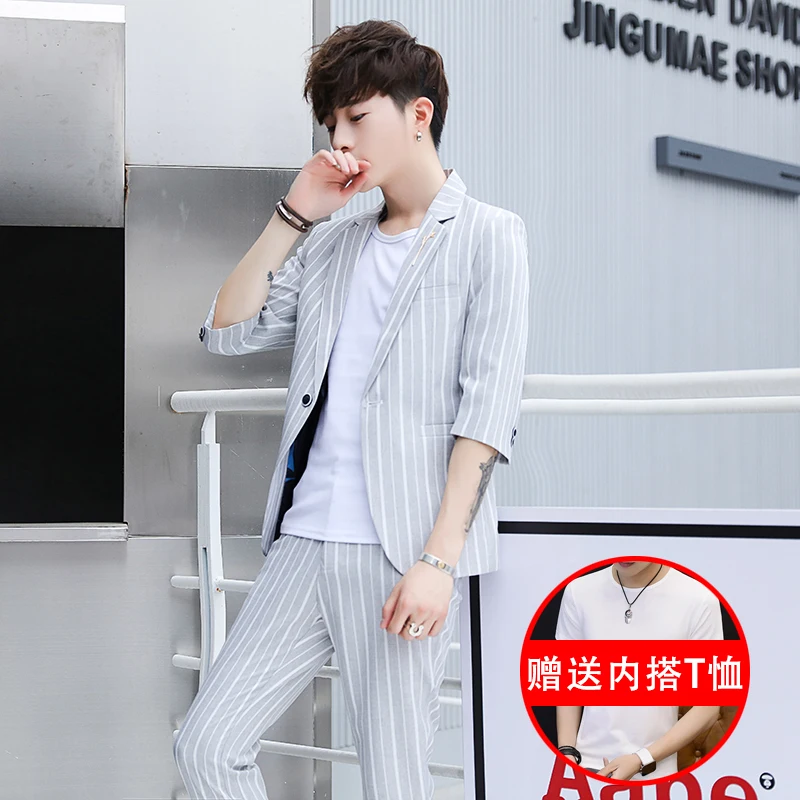 Новые модные летние мужские костюмы Slim Fit 3/4 рукав короткая куртка брюки 2 шт набор одна кнопка C93 - Цвет: ASVS-2118