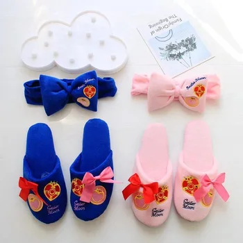 

2color Cartoon Anime Sailor Moon Home Women Non-slip Waterproof Plush Slippers Stuffed Butterfly Hair Band Makeup Wash Face Hoop