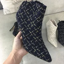 Темно-синие Роскошные рыцарские сапоги с острым носком на молнии на высоком каблуке-шпильке из золотого шелка Брендовые женские ботинки Роскошные Модные ботильоны