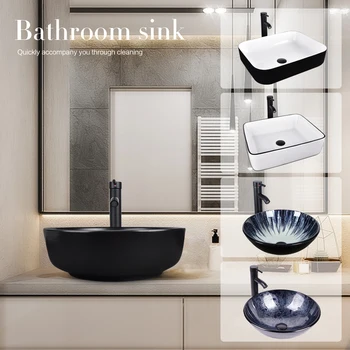 

Bathroom Vessel Sink Artistic Tempered Glass Cermaic Basin Bowl Faucet Drain Combo